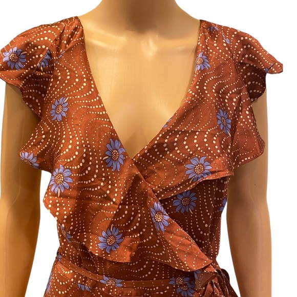 Anthropologie Ruffle Sleeve Printed Wrap Maxi Dress Brown Motif size XS - Picture 6 of 12